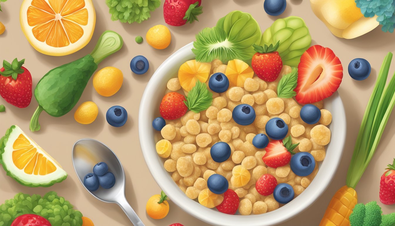 A bowl of Earth's Best Organic Infant Cereal surrounded by colorful fruits and vegetables, with a spoon ready for feeding