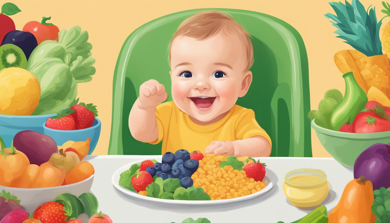 A smiling baby sitting in a high chair, eagerly reaching for a spoonful of Earth's Best organic infant cereal, surrounded by colorful fruits and vegetables