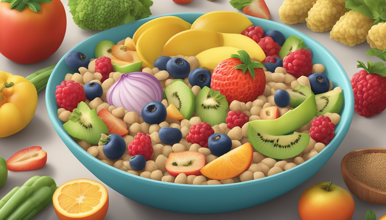 A colorful bowl of Earth's Best organic infant cereal surrounded by various fruits and vegetables, with a prominent "Allergy Information and Considerations" label