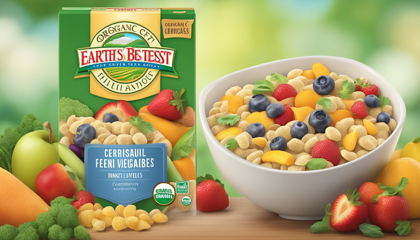 A bowl of Earth's Best organic infant cereal surrounded by fresh fruits and vegetables, with a safety certification badge in the background