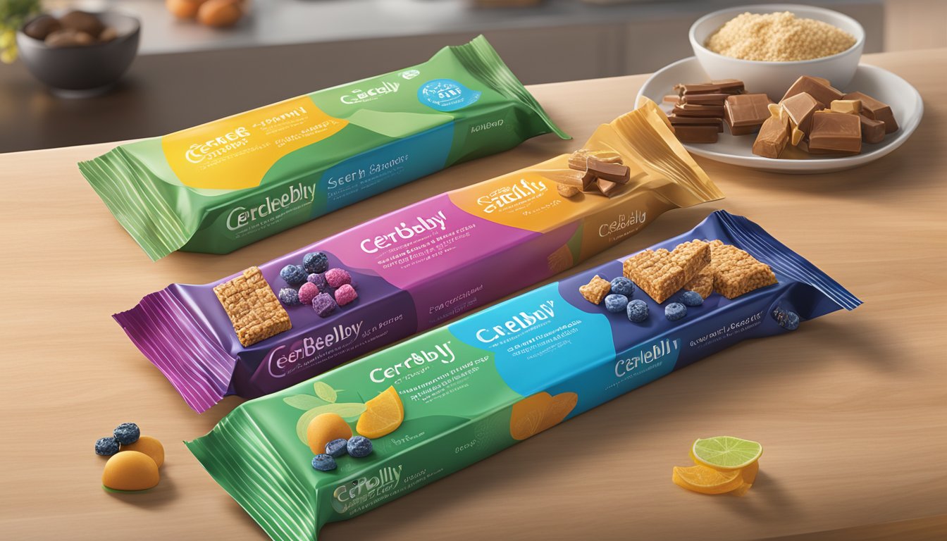 A colorful display of Cerebelly smart bars arranged on a clean, modern countertop, with vibrant packaging and enticing flavors