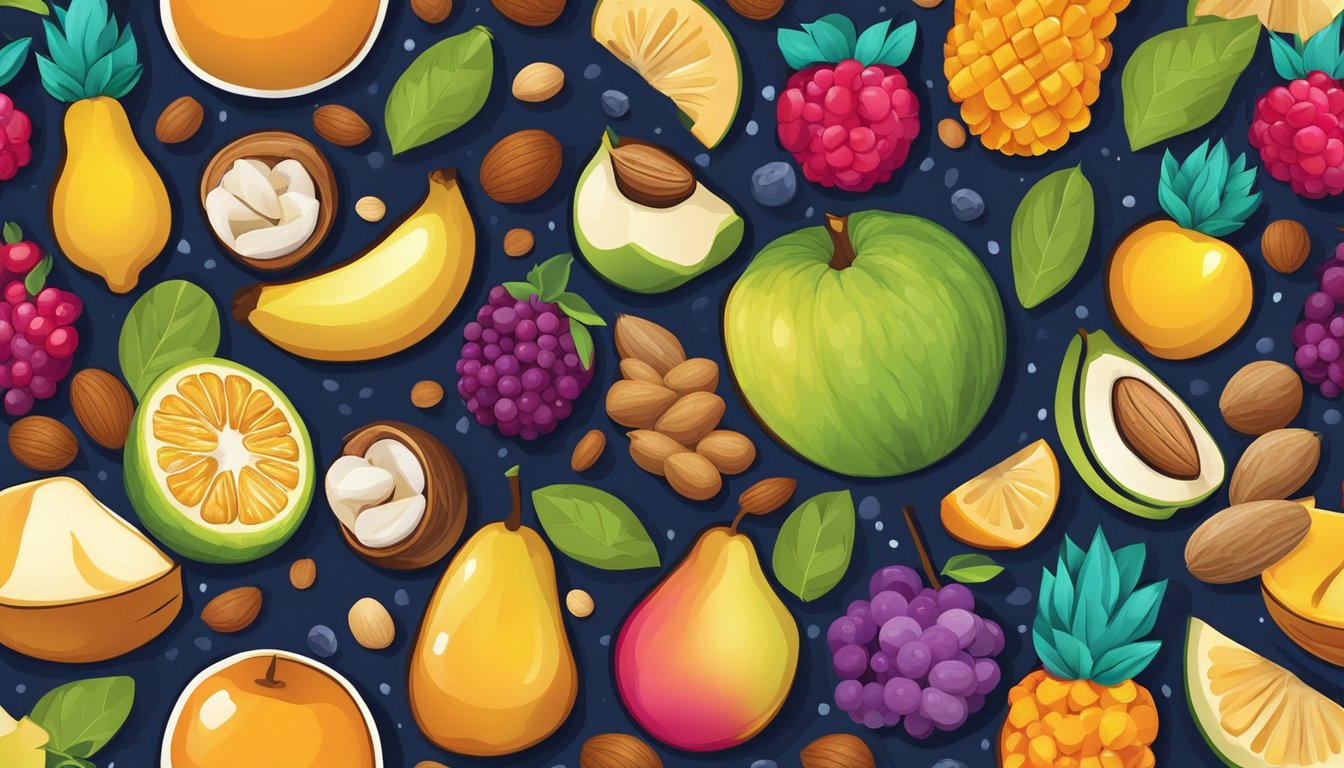 A colorful array of fruits, nuts, and seeds arranged in a vibrant pattern, surrounded by glowing halos of light