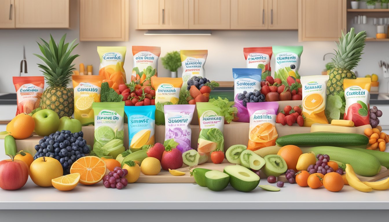 A colorful array of cerebelly smart bars surrounded by fruits and vegetables on a kitchen counter