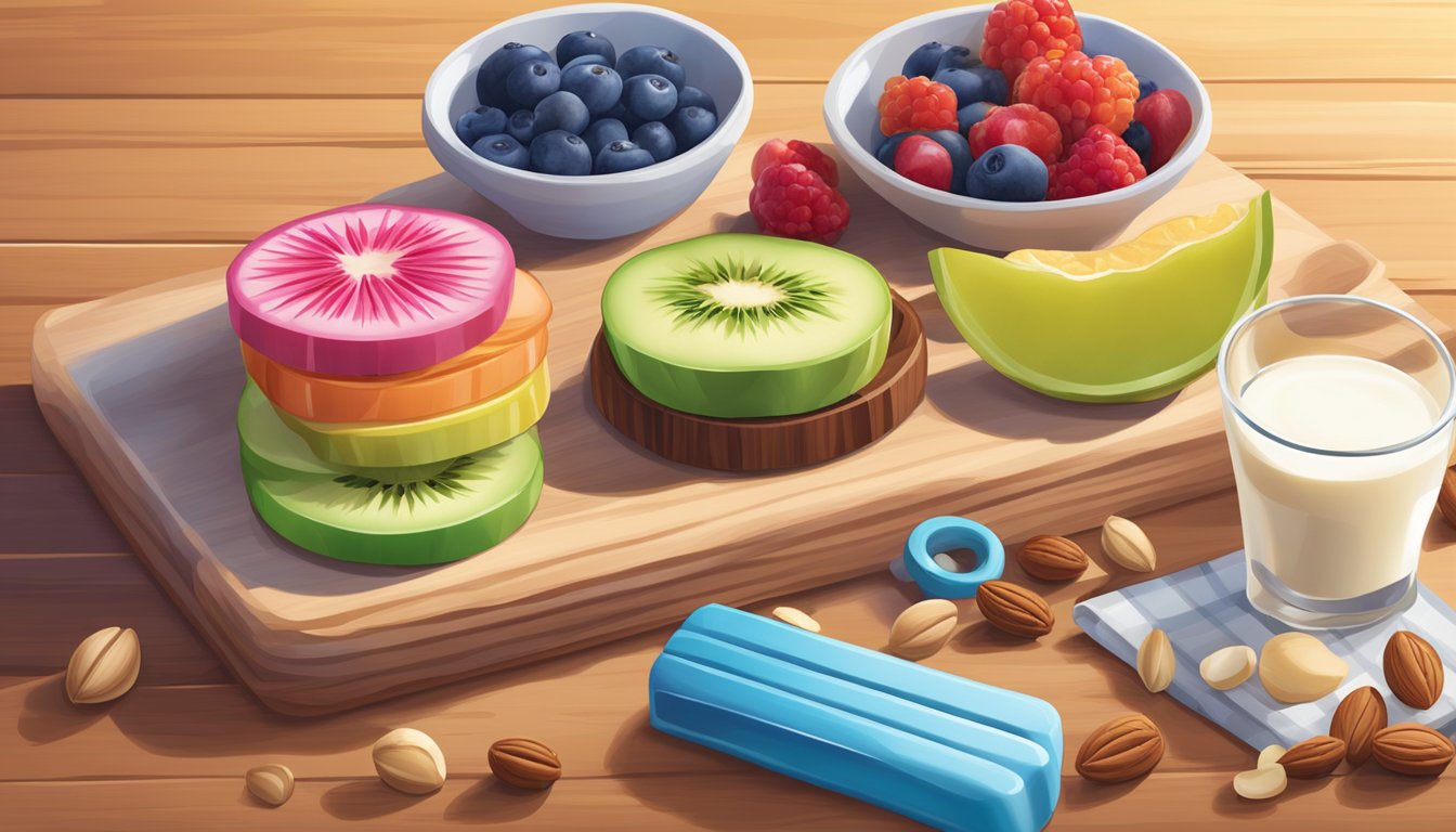 A colorful array of Cerebelly Smart Bars arranged on a wooden cutting board, surrounded by fresh fruits and nuts, with a glass of milk in the background