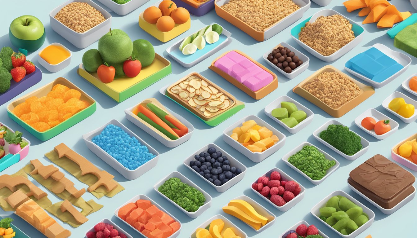 A colorful display of cerebelly smart bars surrounded by educational materials and a variety of healthy food items