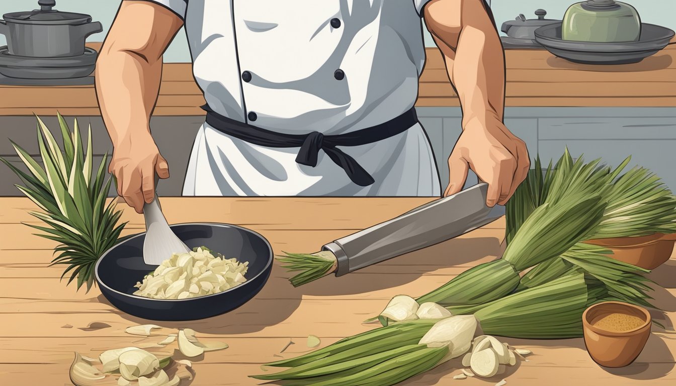 A chef peeling and chopping yucca with traditional cooking utensils