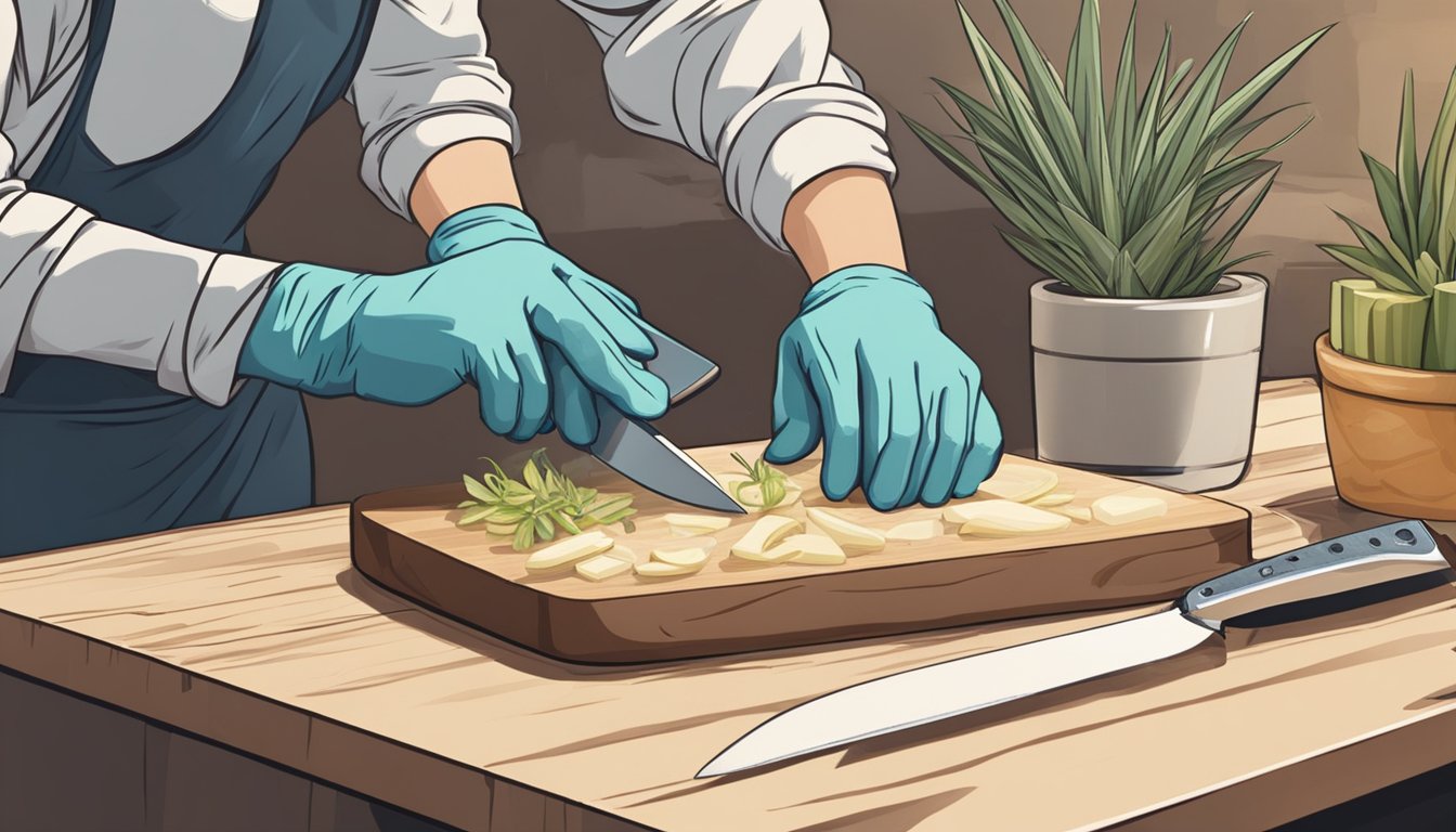 A person chopping yucca on a clean cutting board, with a sharp knife and wearing protective gloves