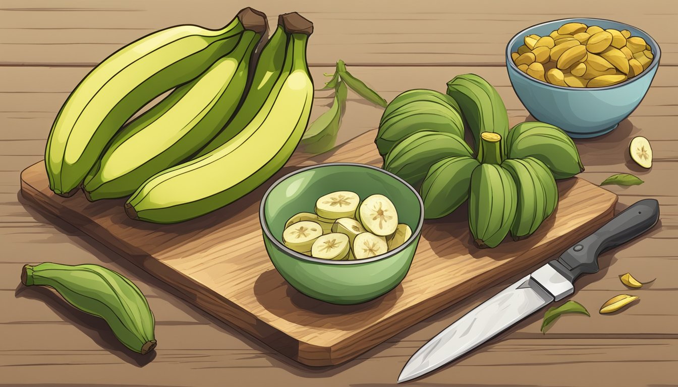 A bunch of unripe bananas on a cutting board, with a knife and a bowl of ingredients nearby for cooking