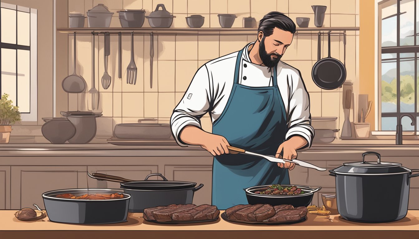 A chef grills venison over an open flame, using a marinade brush to coat the meat. On the side, a pot simmers with a rich venison stew