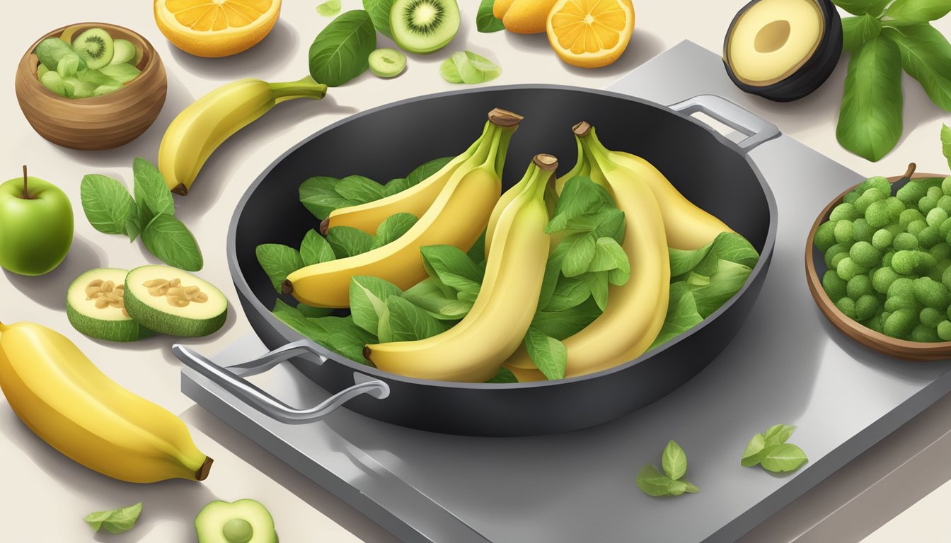 Unripe bananas being sliced and cooked in a pan with healthy ingredients, surrounded by fresh fruits and vegetables