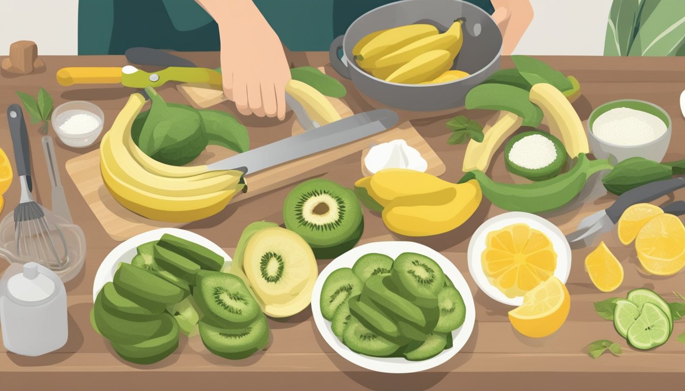 A person slicing unripe bananas for cooking, surrounded by various cooking utensils and ingredients, with a focus on low-sugar options