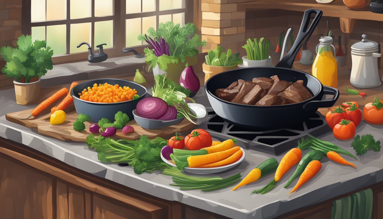 A rustic kitchen with a cast iron skillet sizzling with venison and a variety of colorful vegetables and herbs on the counter