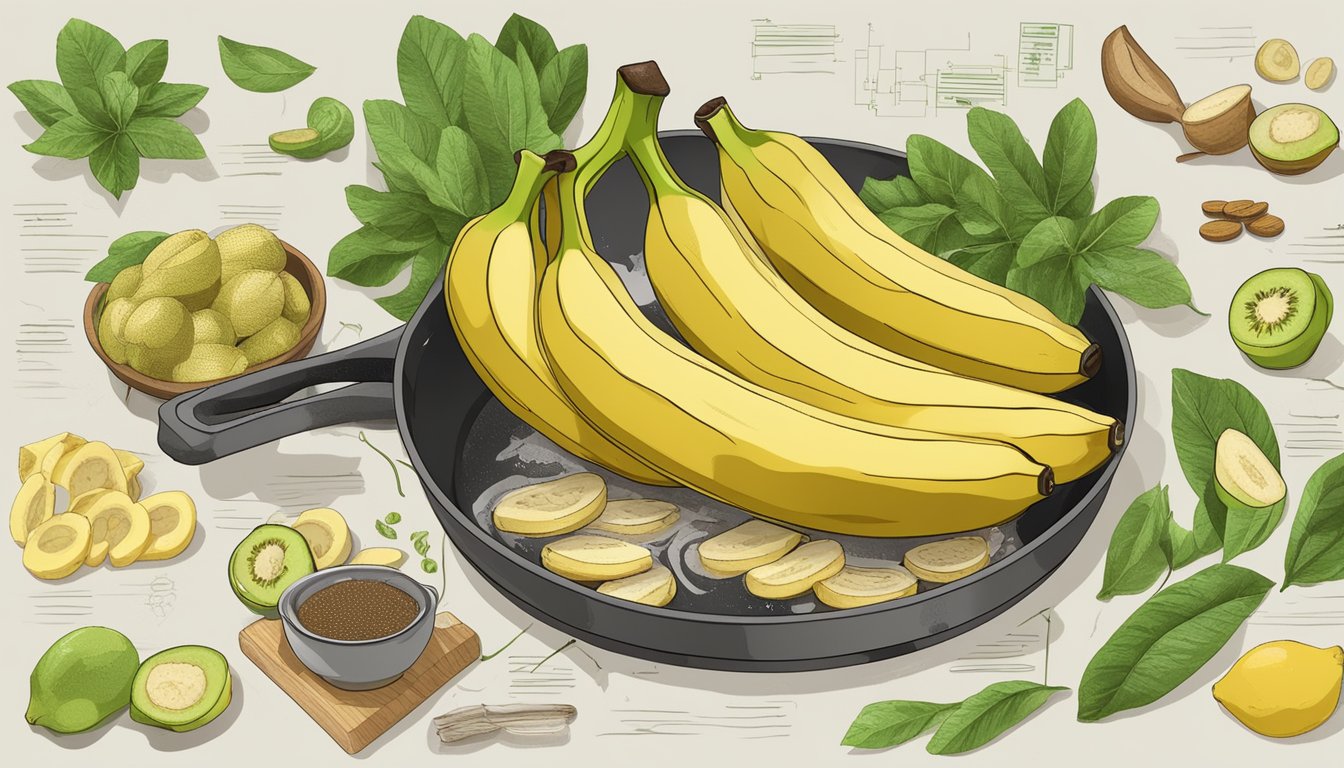 Unripe bananas being sliced and cooked in a skillet with various ingredients, surrounded by scientific charts and notes