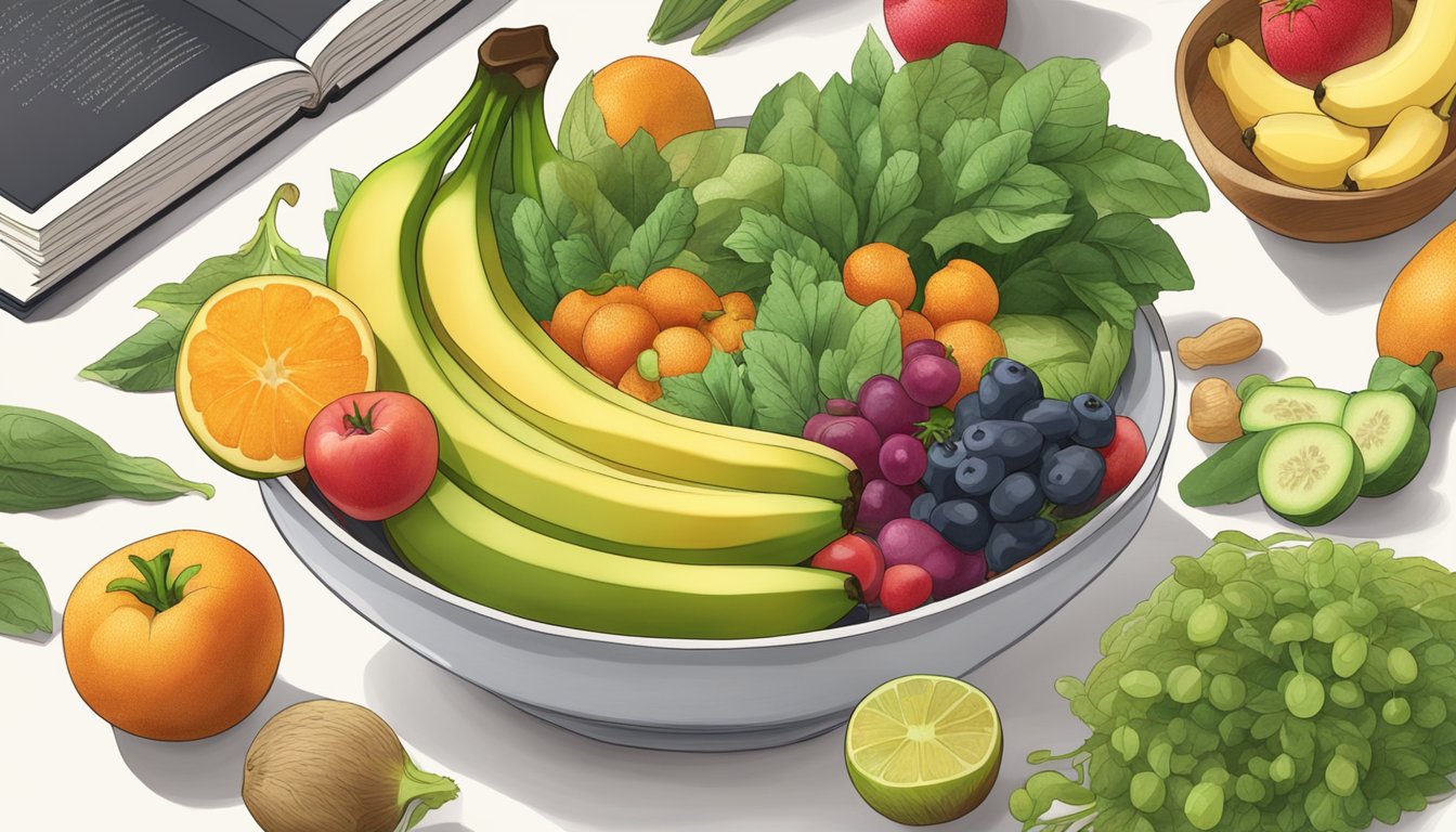 A bowl of unripe bananas surrounded by various fruits and vegetables, with a cookbook open to a page on cooking with low sugar content