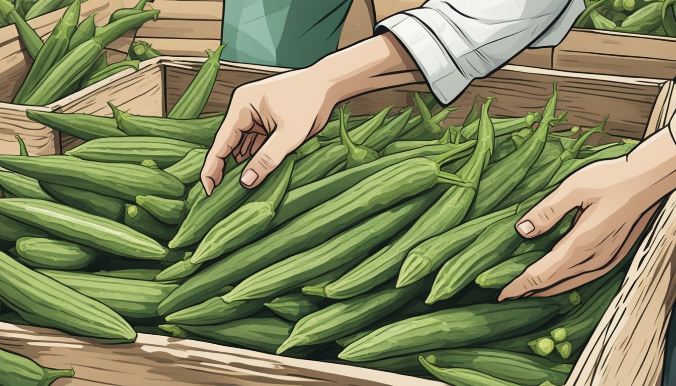 A hand reaching for fresh okra in a market basket