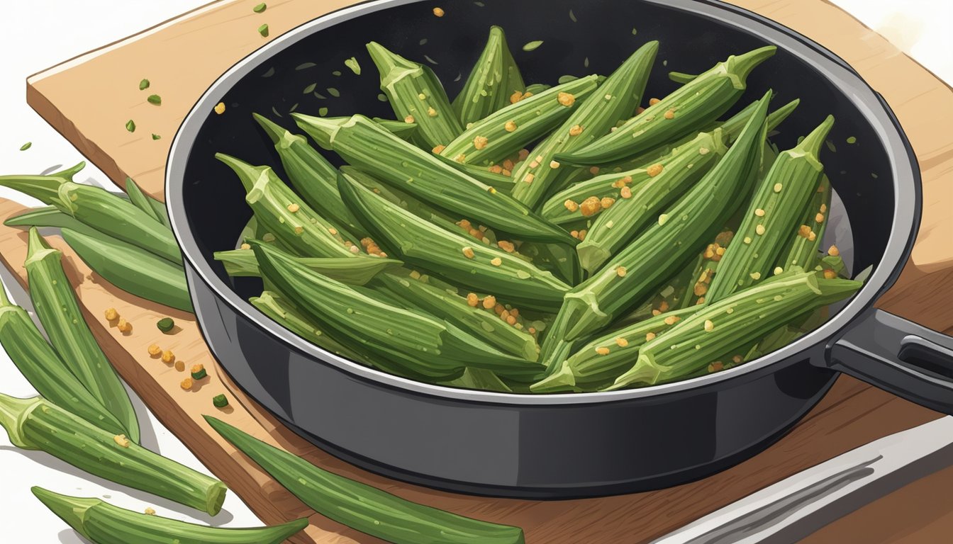 Okra being sliced and sautéed in a sizzling pan with spices and herbs, emitting a savory aroma