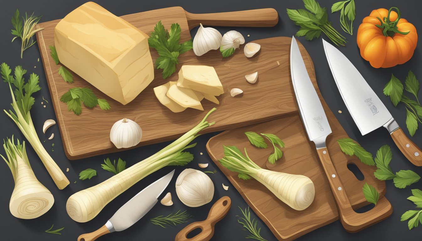 A rustic kitchen with a wooden cutting board, fresh parsnips, a chef's knife, and various cooking utensils scattered around