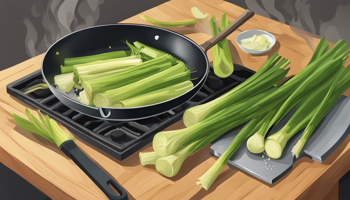 Leeks being chopped on a wooden cutting board, with a pan sizzling on the stove in the background