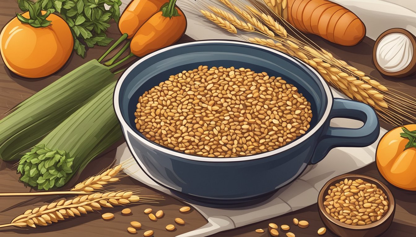 A bowl of wheat berries surrounded by fresh ingredients, a pot, and a wooden spoon on a kitchen counter