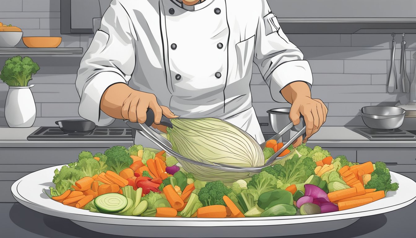 A chef slicing jicama and mixing it with colorful vegetables in a large bowl for a crunchy slaw