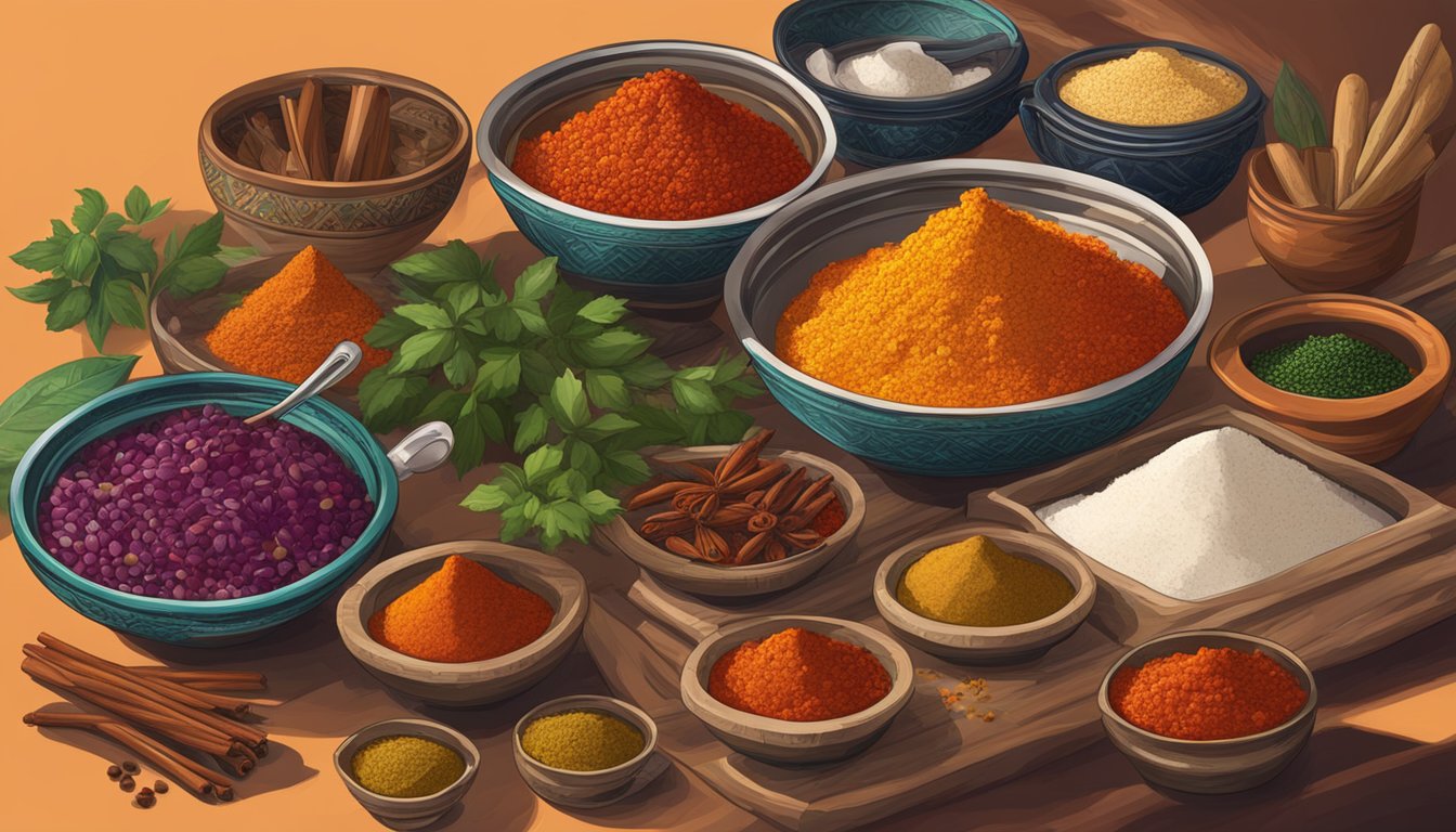 A table set with North African ingredients, including harissa, spices, and cooking utensils, with a vibrant and fiery color scheme