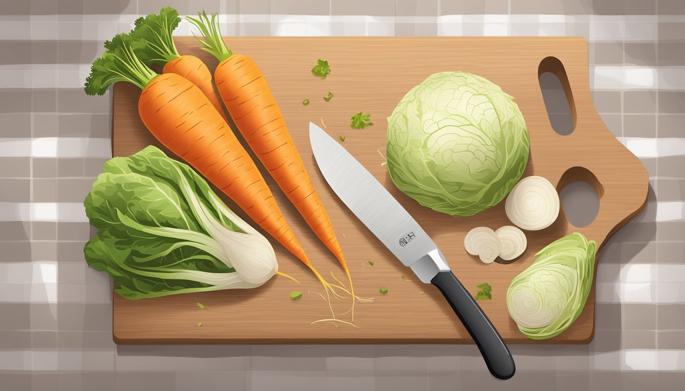 A cutting board with jicama, carrots, and cabbage, surrounded by a chef's knife and a grater