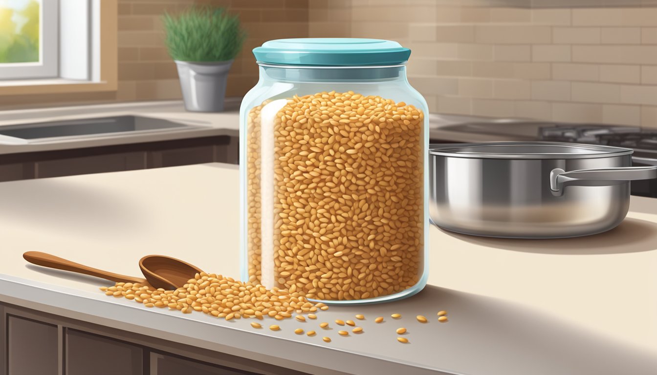 A glass jar filled with wheat berries next to a pot and a wooden spoon on a kitchen counter