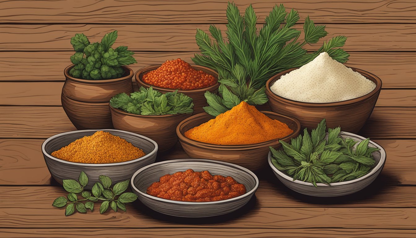 A vibrant spread of North African ingredients, including harissa paste, fresh herbs, and assorted spices, arranged on a rustic wooden table