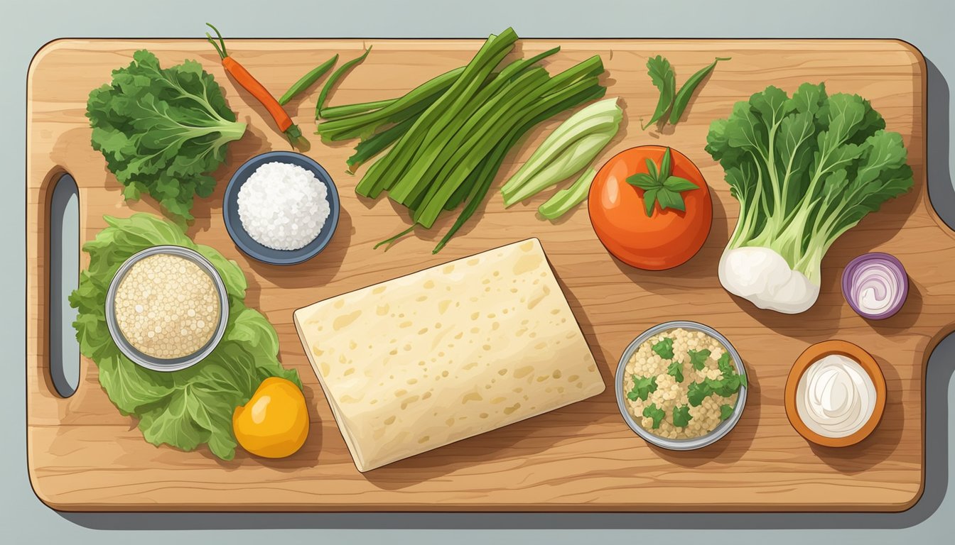 A cutting board with tofu skin, vegetables, and seasonings laid out for making vegan wraps