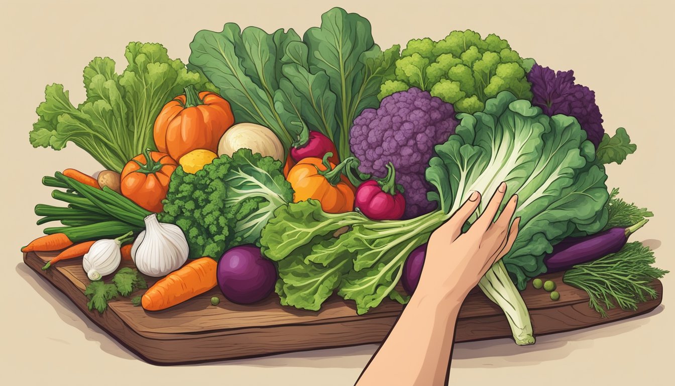 A hand reaching for a vibrant bunch of escarole amidst a colorful array of fresh vegetables and herbs on a rustic wooden table