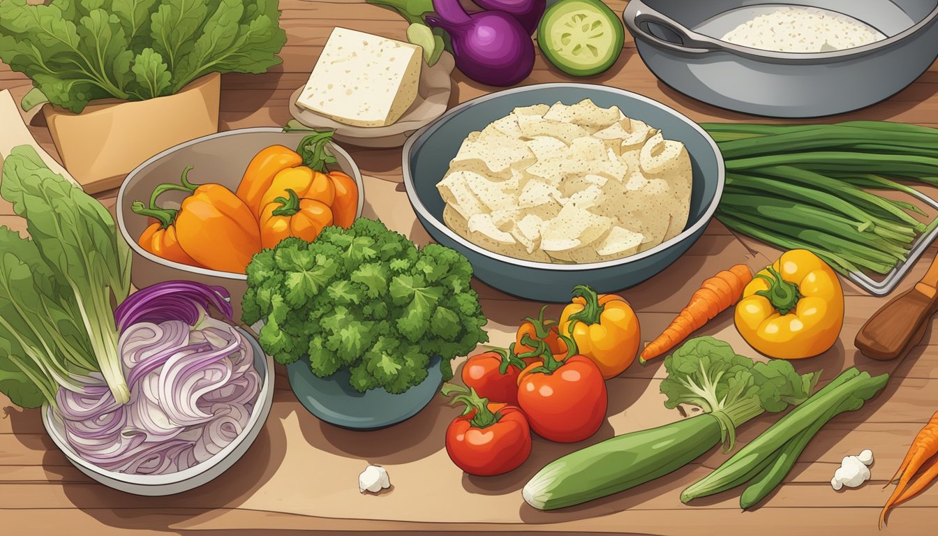 A colorful array of fresh vegetables, tofu skin, and aromatic seasonings arranged on a kitchen counter, with a skillet and cutting board nearby