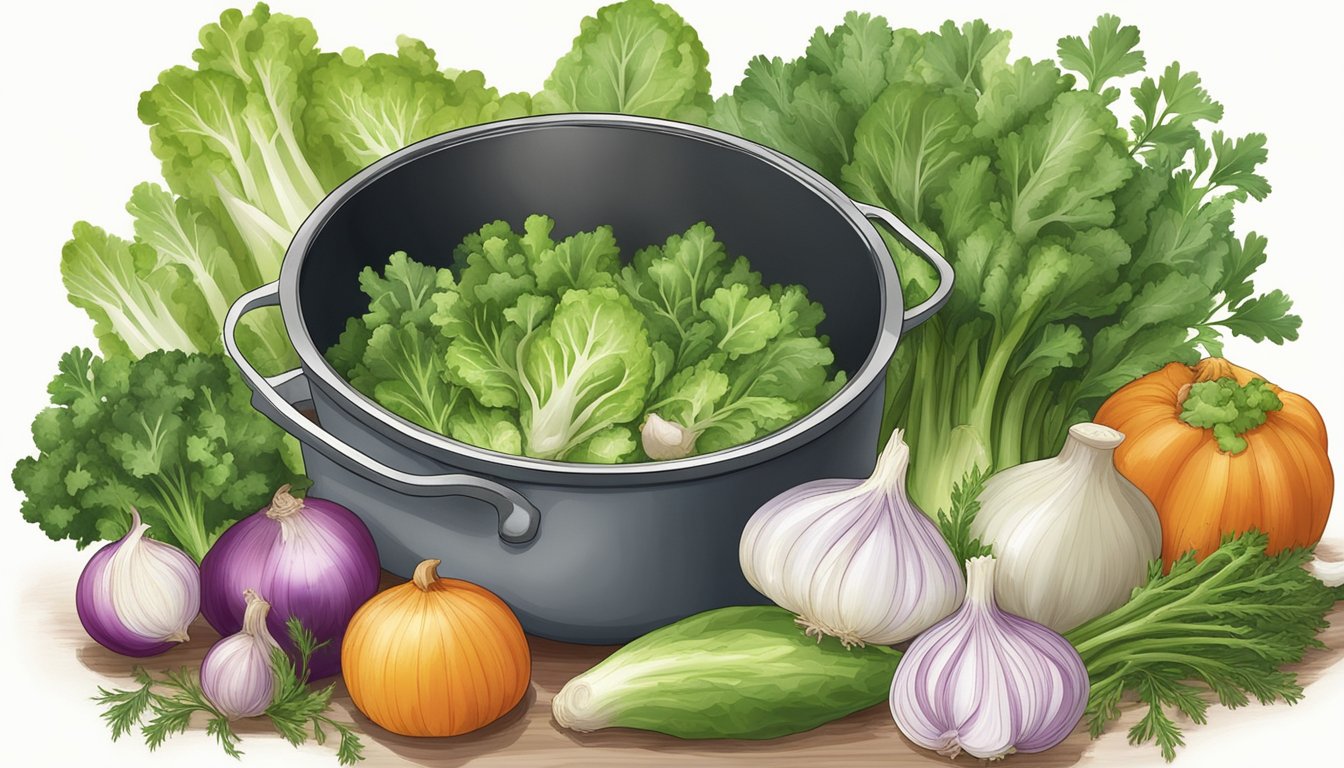 A pot simmering with escarole, garlic, and onions, surrounded by fresh herbs and vegetables