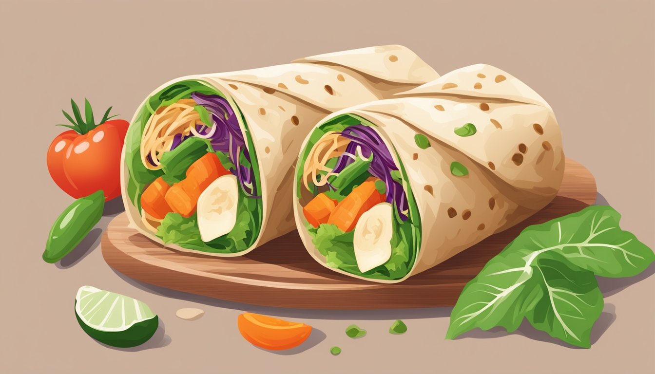 A chef sautés tofu skin with colorful vegetables, then wraps the mixture in a soft, green leaf, creating a vibrant and appetizing vegan wrap