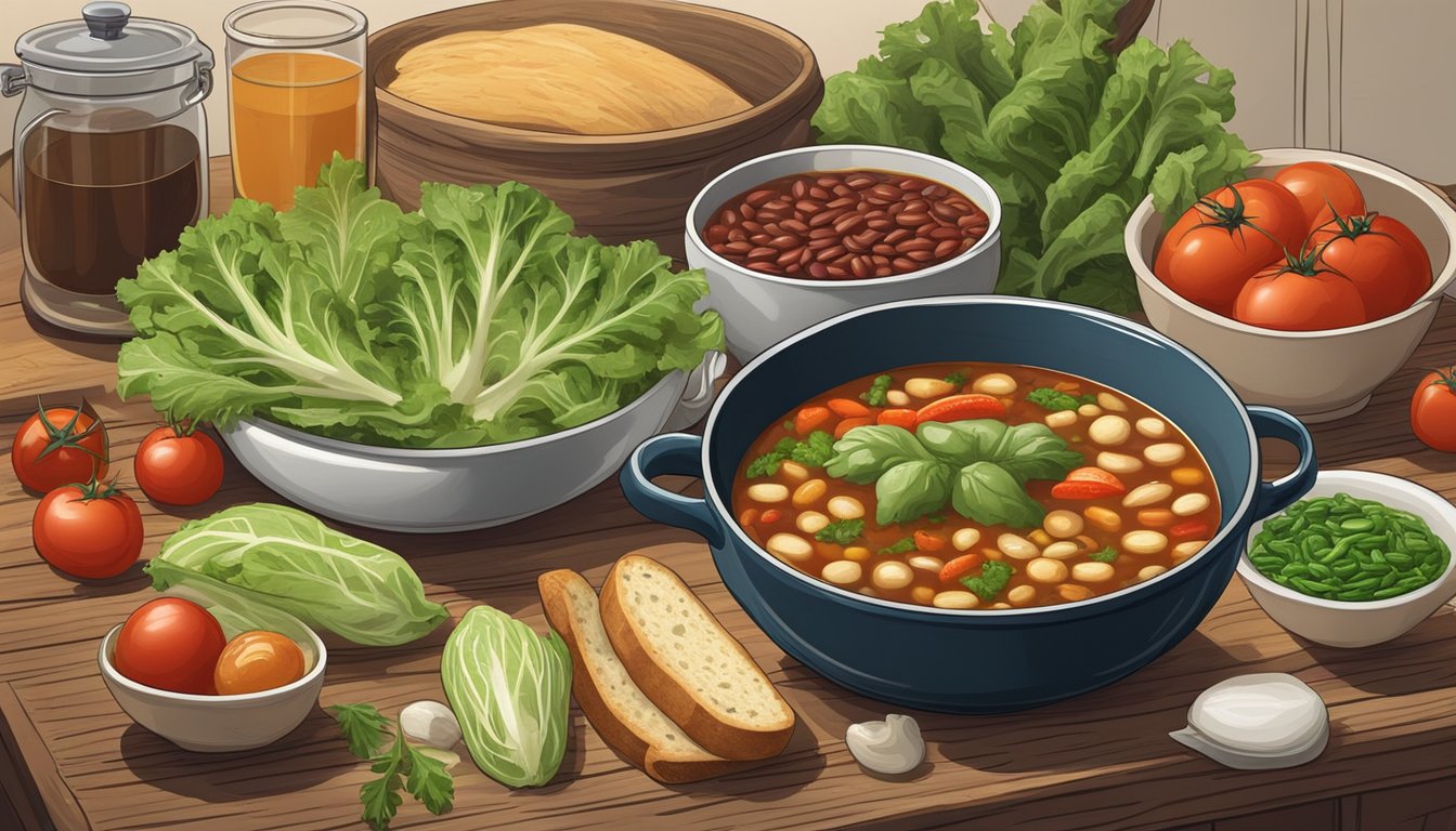 A rustic kitchen with fresh escarole, tomatoes, and beans on a wooden table, surrounded by classic Italian soup varieties