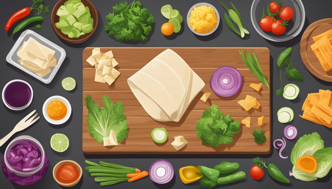 A chef prepares tofu skin wraps with colorful vegetables and sauces on a wooden cutting board