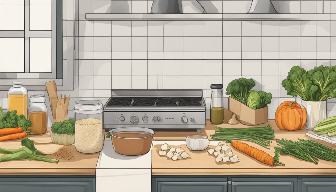 A kitchen counter with tofu skin, vegetables, and seasoning laid out for making vegan wraps