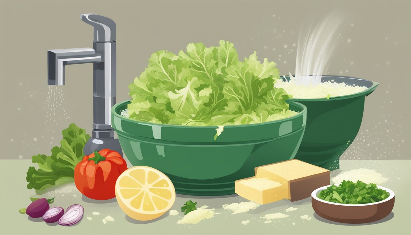 Fresh escarole being washed and chopped, with colorful garnishes like grated Parmesan, red pepper flakes, and a drizzle of olive oil ready to be added to a bubbling pot of traditional Italian soup