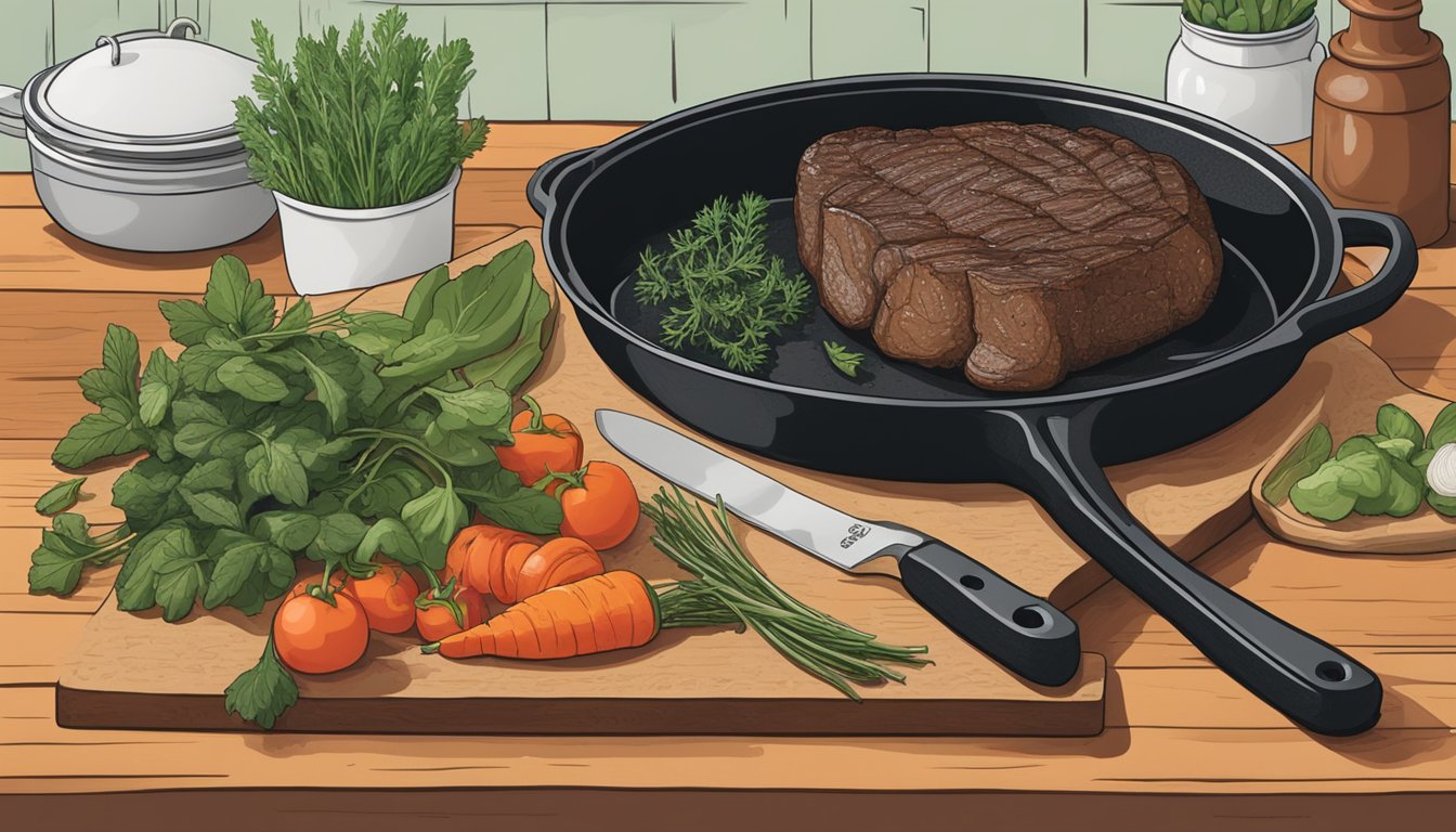 A rustic kitchen with fresh herbs, a cast iron skillet, and a cutting board with vegetables, showcasing a bison steak ready to be cooked