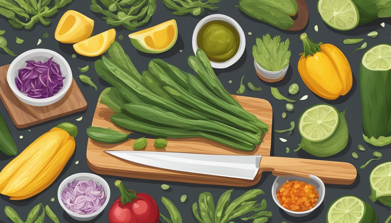 A cutting board with nopales, knife, and various ingredients laid out in a kitchen