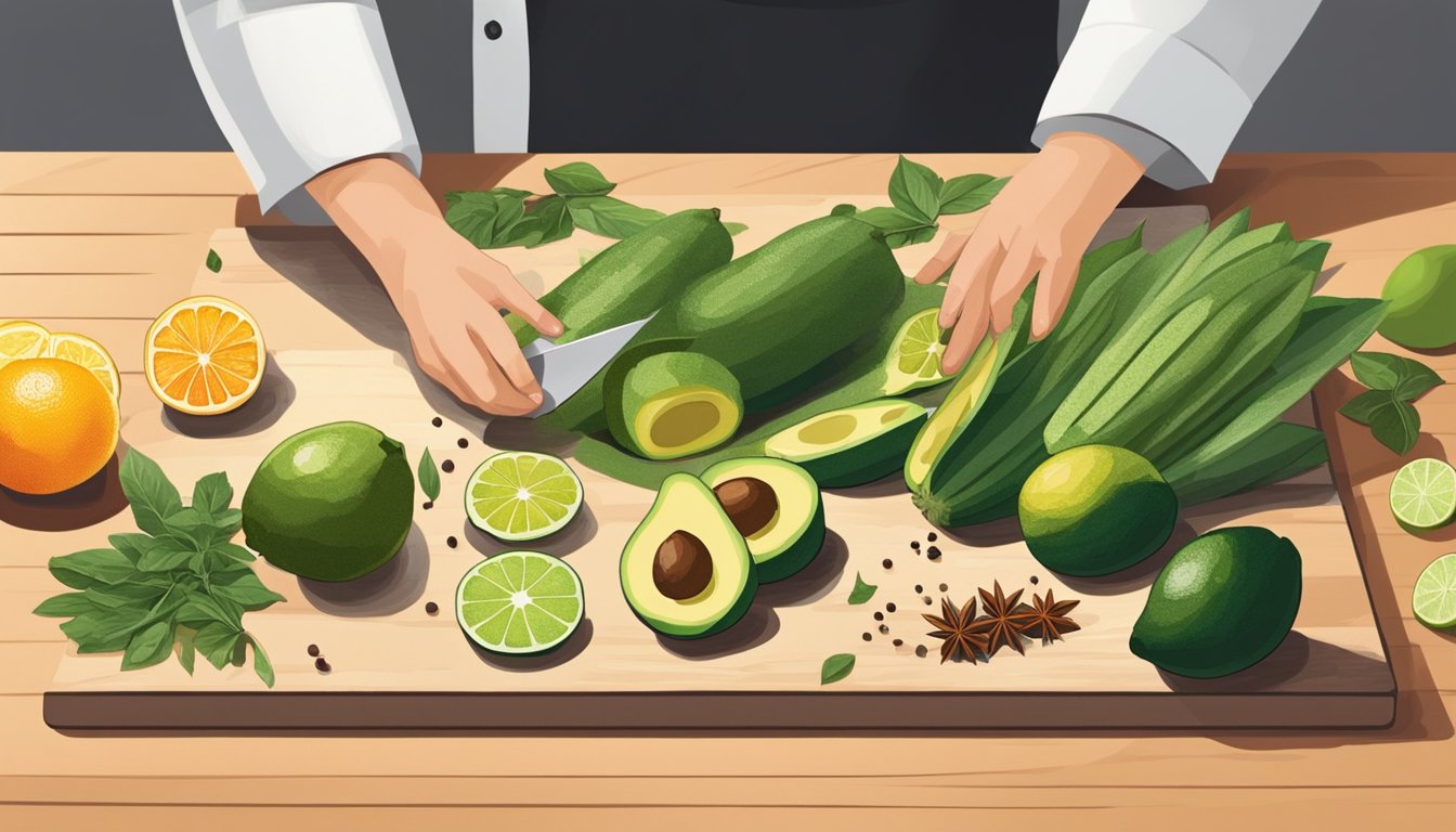 A chef slicing fresh nopales and arranging them on a cutting board, surrounded by various ingredients like citrus, avocado, and spices