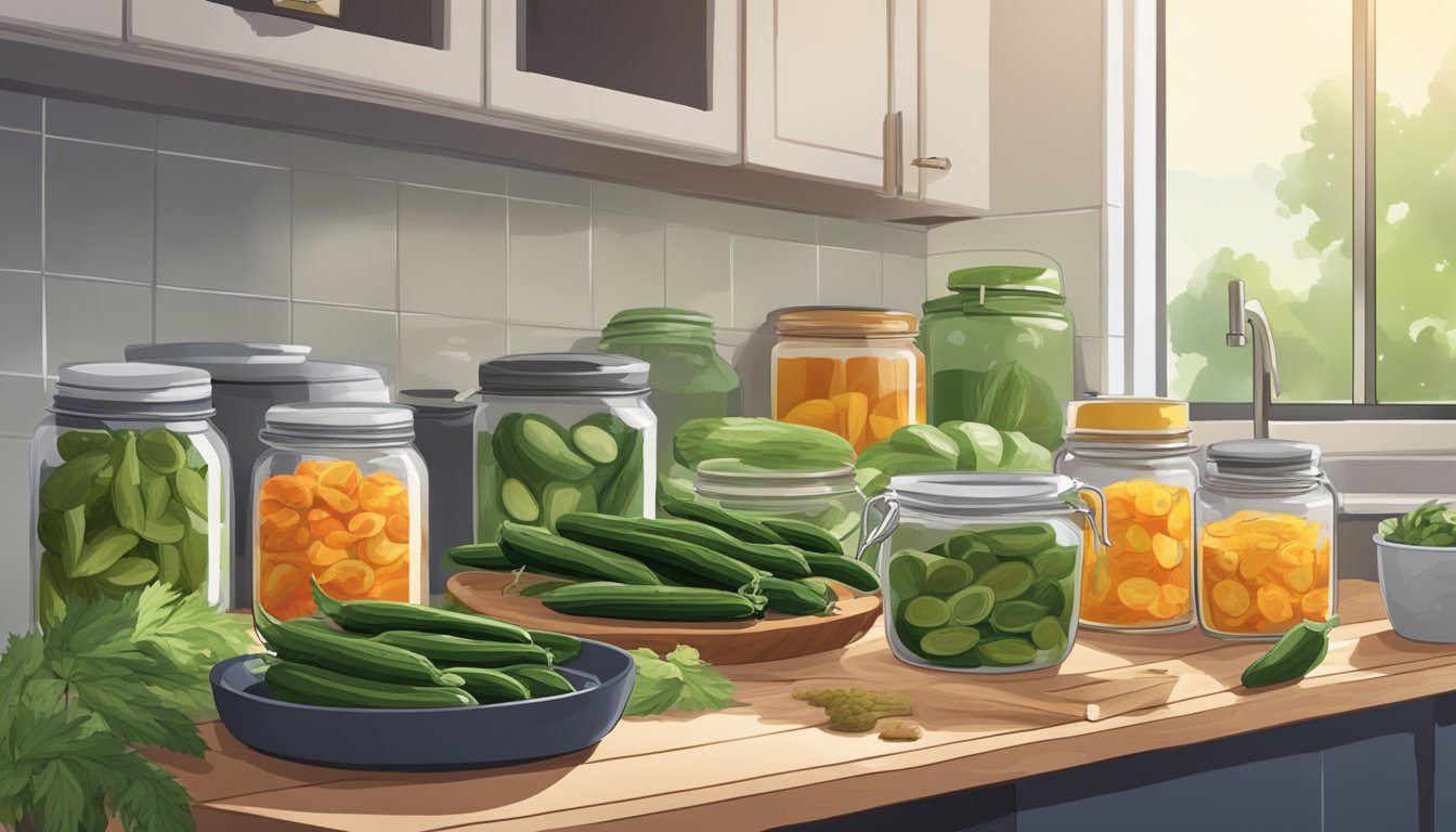 A kitchen counter with fresh nopales being washed and sliced, a pot of boiling water, and jars of pickling liquid and spices