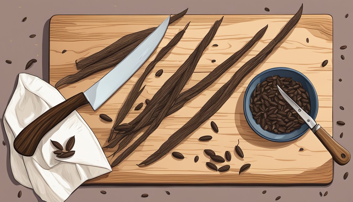 A wooden cutting board with split vanilla beans and a sharp knife. A small bowl of scraped vanilla seeds sits nearby