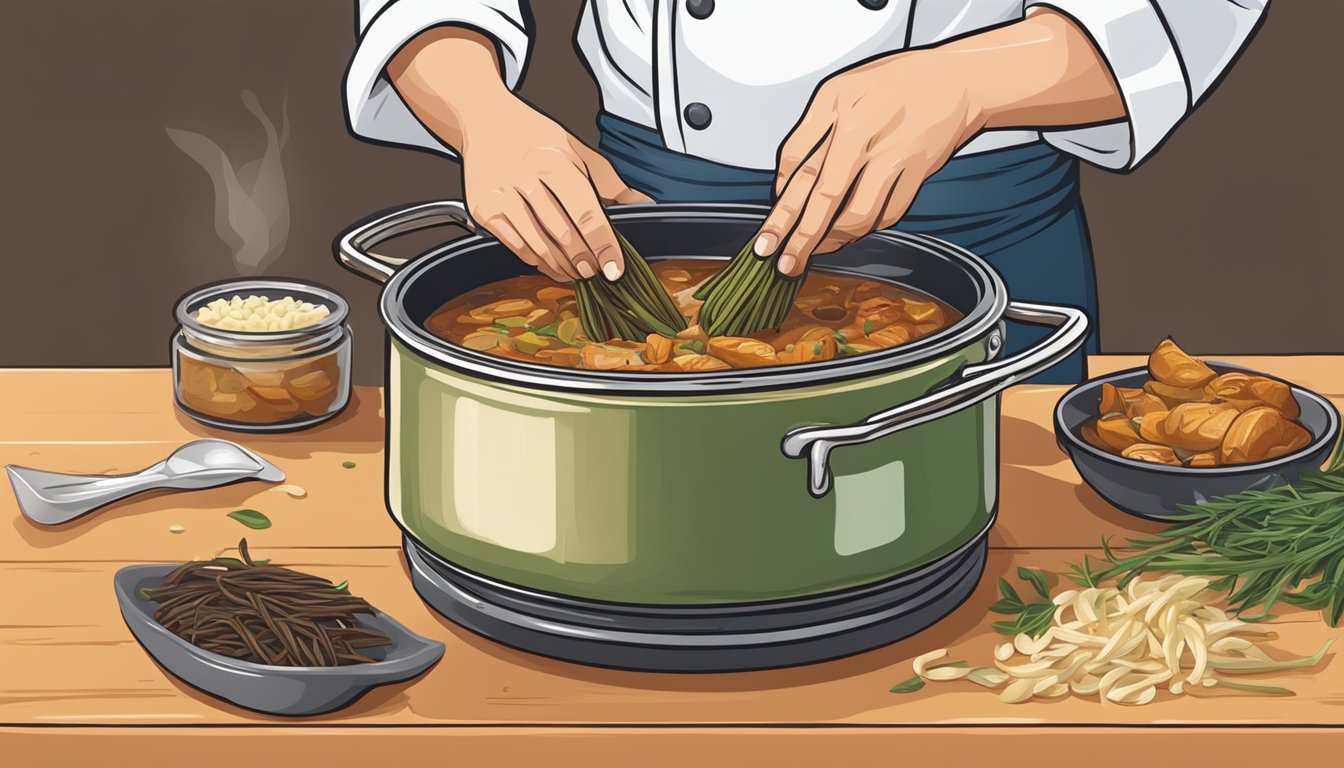 A chef adding scraped vanilla beans to a pot of savory stew, infusing the dish with pure flavor