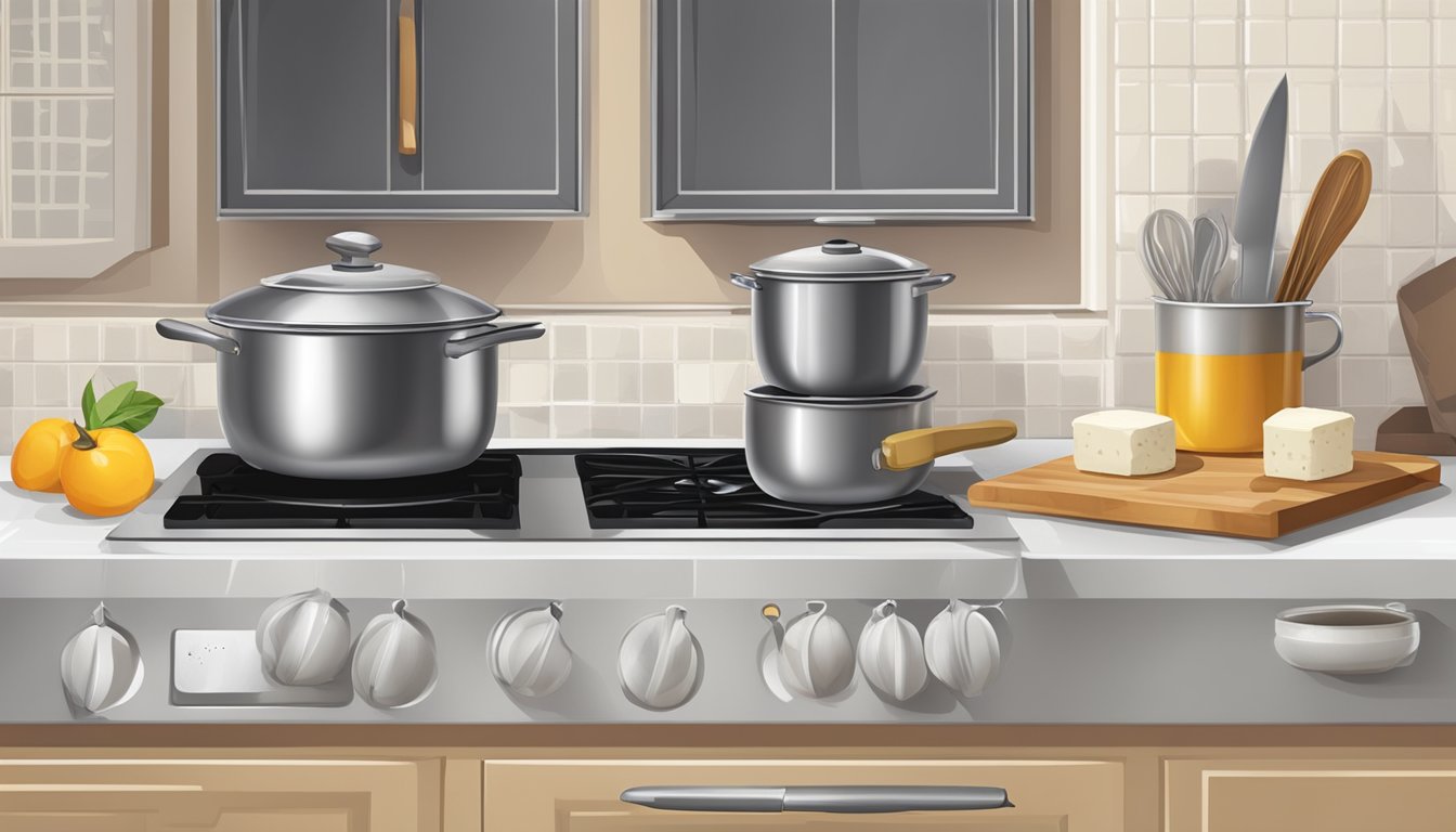 A kitchen counter with a cutting board, vanilla beans, a knife, and a small pot simmering on the stove