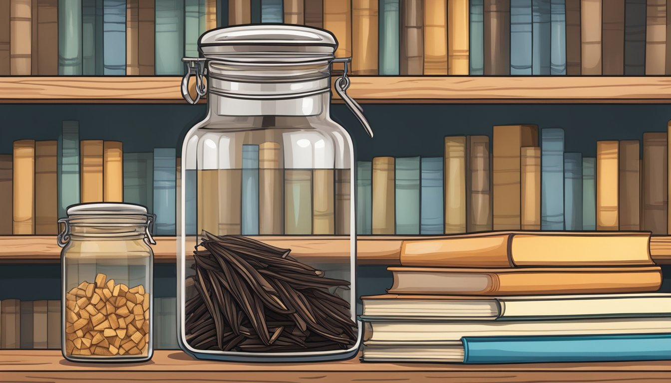 A glass jar filled with vanilla beans, sealed with a cork, sits on a wooden shelf next to a stack of recipe books