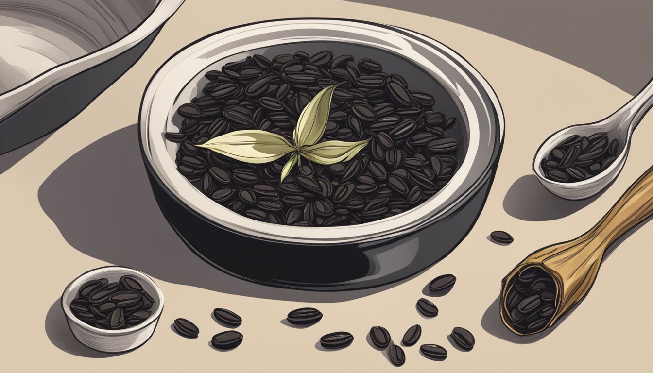 A pristine vanilla bean pod split open, revealing the tiny black seeds inside, surrounded by a few whole beans and a small dish of vanilla extract