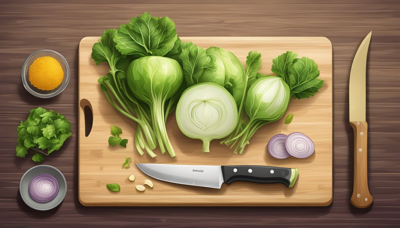 A cutting board with kohlrabi, knife, and various cooking utensils