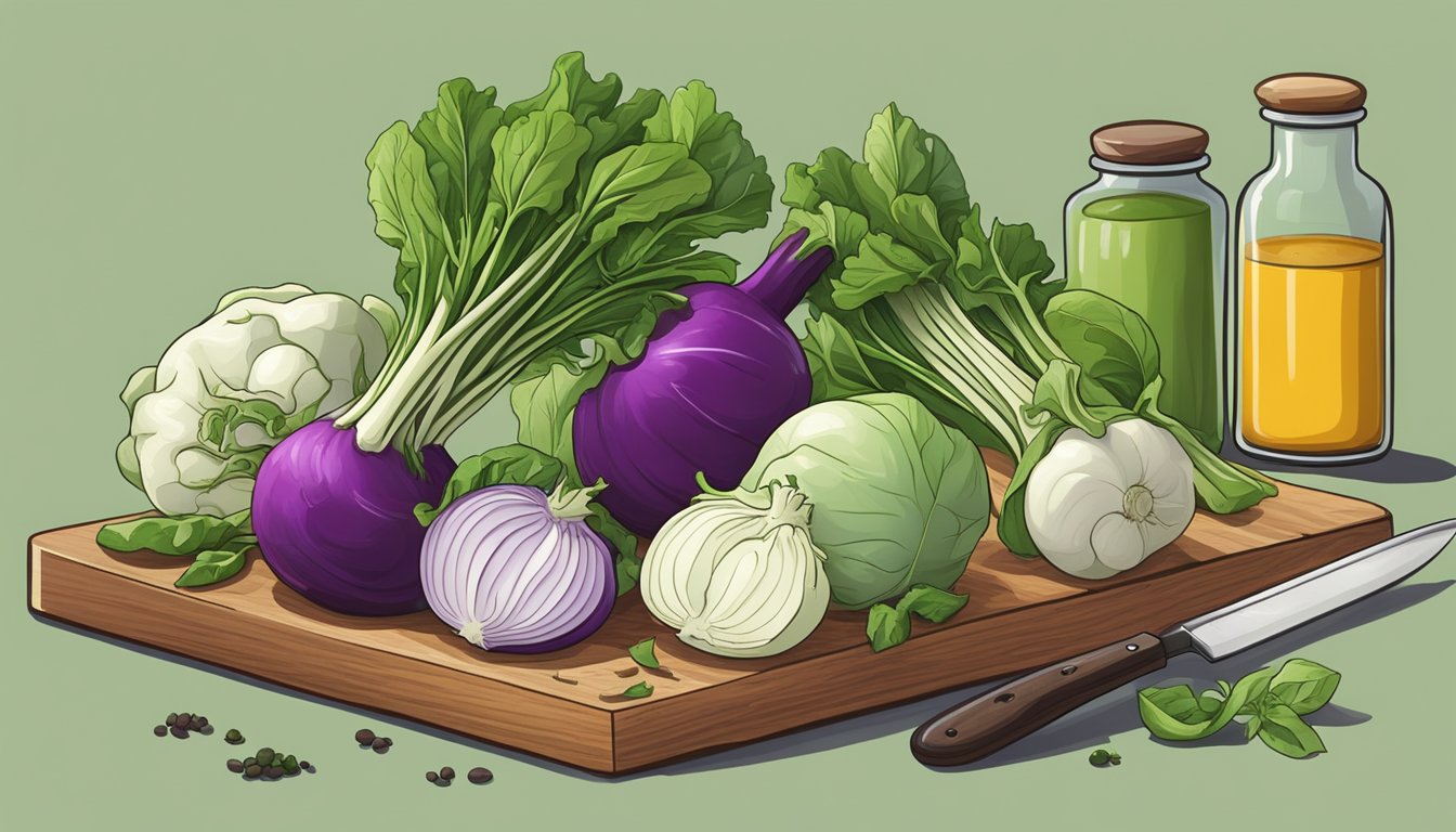 A colorful array of fresh kohlrabi, herbs, and spices on a wooden cutting board. A chef's knife and mortar and pestle sit nearby