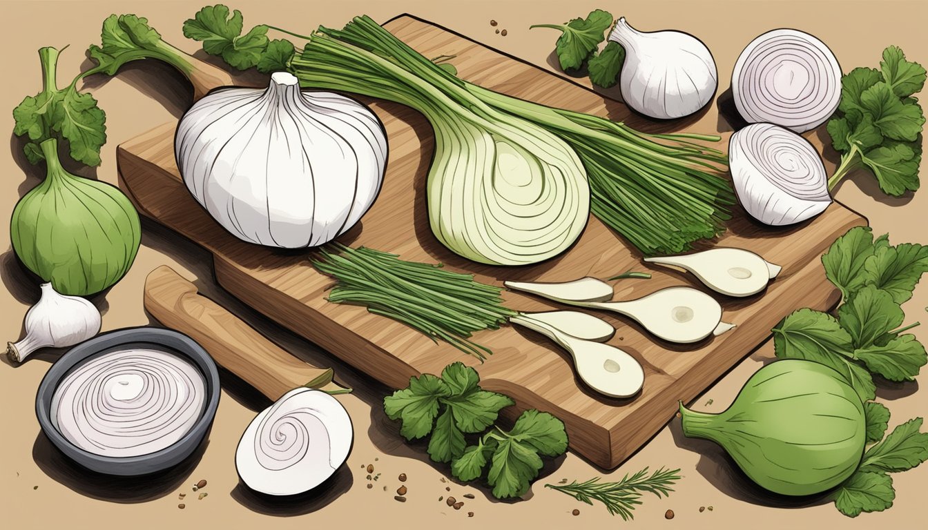 A cutting board with kohlrabi and turnips, a chef's knife, and various herbs and spices scattered around