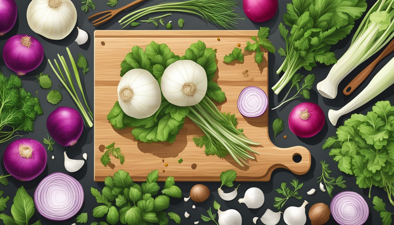 A cutting board with kohlrabi, turnips, and various kitchen utensils, surrounded by fresh herbs and spices